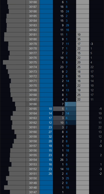 The NQ price ladder with blue and grey DDY volume columns in MotiveWave, without order-entry controls.